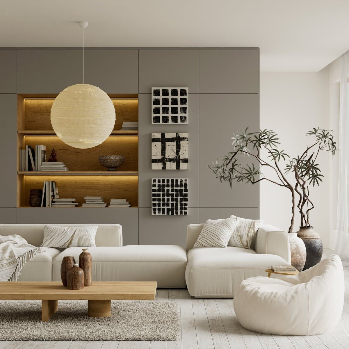 Bright, tidy living room with a gray sofa and clean surfaces after a professional cleaning